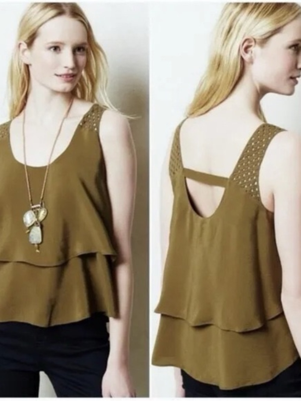 Anthropologie HD in Paris Olive Layered Tank with lattice crochet straps